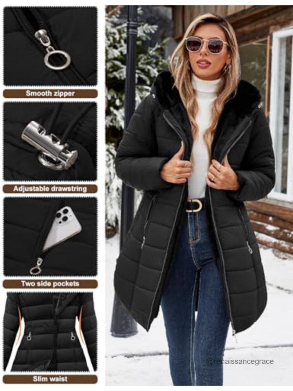 Women's Long Quilted Puffer Coat Zip Fleece Lined Hooded Winter Parka